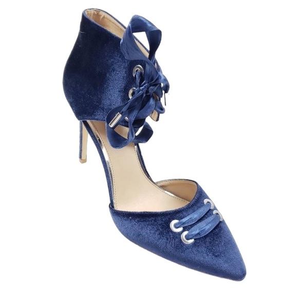 Badgley Mischka Sapphire Blue Velvet Lace Up Stilettos. 
Size 10. 
Pristine. - Picture 2 of 10